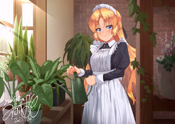  apron black_dress black_ribbon blonde_hair blue_eyes blush closed_mouth collared_dress commentary_request commission cowboy_shot dated dream_c_club dream_c_club_(series) dream_c_club_gogo. dress female hair_intakes hair_ribbon hisakabe_oto holding indoors long_hair long_sleeves looking_at_viewer maid maid_apron maid_headdress parted_bangs plant ribbon seira_(dream_c_club_gogo.) signature skeb_commission smile solo sunlight tareme white_apron window 