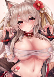  :3 absurdres animal_ears azur_lane bandaged_arm bandages belt_collar blush breasts bridal_gauntlets budget_sarashi bursting_breasts claw_pose cleavage collar collarbone commentary female flower grey_hair groin hair_between_eyes hair_flower hair_ornament heart_collar highres huge_breasts long_hair looking_at_viewer midriff nail_polish navel official_alternate_costume oppai_loli pink_background red_collar red_eyes red_nails ryara sarashi sidelocks smile solo spiked_collar spikes stomach_tattoo tail tattoo thick_eyebrows underboob upper_body wolf_ears wolf_tail yuudachi_(azur_lane) yuudachi_(shogun_of_snowballs)_(azur_lane) 