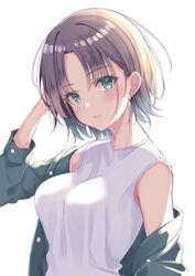  asakura_toru bare_shoulders blush breasts brown_hair brown_jacket commentary_request earrings female hand_up hatsu_(first_snow) idolmaster idolmaster_shiny_colors jacket jewelry large_breasts long_sleeves looking_at_viewer off_shoulder open_clothes open_jacket parted_bangs shirt short_hair simple_background sleeveless sleeveless_shirt smile solo upper_body white_background white_shirt 