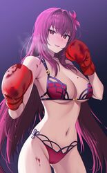  :d absurdres ass_visible_through_thighs bare_shoulders bikini blood blush boxing boxing_gloves breasts cleavage collarbone commentary_request commission cowboy_shot dripping fate/grand_order fate_(series) female flower gou_d gradient_background hair_flower hair_intakes hair_ornament heavy_breathing highres large_breasts long_hair looking_at_viewer mixed-language_commentary navel nose_blush open_mouth pink_bikini pink_flower pixiv_commission pov purple_background purple_eyes purple_hair reverse_ryona scathach_(fate) scathach_(swimsuit_assassin)_(fate) smile solo stomach swimsuit very_long_hair 