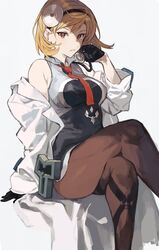  bad_id bad_twitter_id black_gloves blonde_hair breasts crossed_legs djeeta_(granblue_fantasy) doctor_(granblue_fantasy) female gloves granblue_fantasy half_gloves hashibiro_kou_(garapiko_p) highres lab_coat medium_breasts necktie pantyhose sitting stethoscope 