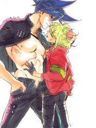  2boys bae_(baebae) bare_pectorals biker_clothes black_gloves blue_eyes blue_hair firefighter firefighter_jacket galo_thymos gloves grabbing_another&#039;s_hair green_hair groin half_gloves hand_on_another&#039;s_chest highres jacket jacket_on_shoulders leather leather_jacket leather_pants lio_fotia male_focus multiple_boys no_undershirt pants pectorals promare role_reversal spiked_hair studded_pants 