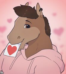  absurd_res almy anthro brick_heartstone clothed clothing digital_media_(artwork) ear_piercing equid equine heart_symbol hi_res hoodie horse male mammal note piercing simple_background solo topwear watermark 