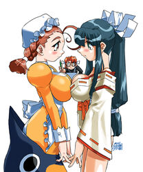  1990s_(style) 3girls apron artist_name black_eyes black_hair blush breast_press breasts brown_eyes brown_hair cleavage cowboy_shot face-to-face final_romance_4 hat high_ponytail holding holding_pencil japanese_clothes juliet_sleeves large_breasts long_hair long_sleeves looking_at_another low-tied_long_hair maid medium_hair miko mob_cap multiple_girls non-web_source official_art pencil profile puffy_sleeves retro_artstyle ribbon-trimmed_sleeves ribbon_trim simple_background symmetrical_docking waist_apron white_apron white_background yoshizaki_mine 