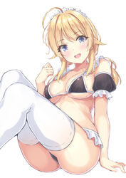  ahoge arm_support ass bare_shoulders bikini black_bikini blonde_hair blue_eyes blush breasts cleavage collarbone commentary_request detached_sleeves feet_out_of_frame female frills from_below hachimiya_meguru hand_up hatsu_(first_snow) idolmaster idolmaster_shiny_colors large_breasts long_hair looking_at_viewer maid maid_bikini maid_headdress open_mouth puffy_short_sleeves puffy_sleeves short_sleeves simple_background sitting smile solo swimsuit teeth thighhighs thighs unconventional_maid upper_teeth_only white_background white_thighhighs 