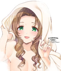  aerith_gainsborough bad_id bad_twitter_id bed_sheet blush breasts brown_hair cleavage commentary dated female final_fantasy final_fantasy_vii final_fantasy_vii_remake green_eyes hand_up highres holding holding_sheet krudears long_hair looking_at_viewer medium_breasts open_mouth parted_bangs pink_nails sidelocks smile solo symbol-only_commentary topless twitter_username upper_body wavy_hair white_background 