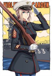  alternate_costume arleigh_burke_class battleship blonde_hair blue_eyes blue_jacket blue_pants closed_mouth commentary_request derivative_work destroyer dress_uniform english_text female gloves gun hair_between_eyes hat highres holding holding_weapon insignia jacket japanese_flag looking_at_viewer looking_to_the_side m1_garand military military_hat military_vehicle omachi_(slabco) pants poster_(medium) red_trim rifle salute ship smile solo united_states_marine_corps violet_evergarden violet_evergarden_(series) warship water watercraft weapon white_gloves white_hat 