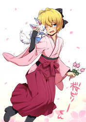  1boy billy_the_kid_(fate) blonde_hair blue_eyes boots bow cherry_blossoms commentary_request cosplay creature crossdressing dango fate/grand_order fate_(series) food fou_(fate) full_body hairbow hakama hakama_skirt japanese_clothes kimono male_focus marimo_danshaku meiji_schoolgirl_uniform okita_souji_(fate) okita_souji_(koha-ace) okita_souji_(koha-ace)_(cosplay) one_eye_closed open_mouth otoko_no_ko sanshoku_dango skewer skirt wagashi 