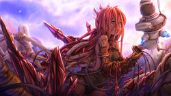  bare_shoulders blue_sky cable cloud commentary_request crazy_eyes crazy_smile crystal dark-skinned_female dark_skin female granblue_fantasy highres industrial_pipe leotard long_hair machinery midorinocha open_mouth raybury_(granblue_fantasy) red_eyes red_hair robot rubble ruins sky smile solo wire yatima 