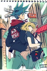  2boys ascot asymmetrical_hair bae_(baebae) bag black_gloves blonde_hair blue_hair city clothes_around_waist cup denim drinking_straw earrings galo_thymos gloves half_gloves handbag highres jacket jeans jewelry lio_fotia male_focus mixed_media multiple_boys pants promare purple_eyes road_sign shirt shirt_around_waist sidecut sign t-shirt undercut 