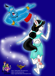  2004 anthro beard black_hair blue_background blue_body clothing disney disney&#039;s_aladdin disney_princess duo facial_hair female fur genie genie_(disney) gold_(metal) gold_jewelry guardianslade hair humanoid humanoid_pointy_ears jewelry lagomorph leporid magic_lamp male mammal on_one_leg open_mouth pawpads princess_jasmine_(disney) rabbit simple_background smile standing surprise text torn_clothing transformation url white_body white_fur 