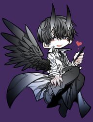  1boy :d black_eyes black_hair black_necktie black_wings bright_pupils collared_shirt feathered_wings heart highres holding holding_phone horns kim_dokja knees_together_feet_apart long_sleeves male_focus necktie omniscient_reader&#039;s_viewpoint open_mouth pale_skin phone purple_background shirt short_(lout) sideways_glance simple_background smile solo spoilers symbol-shaped_pupils vest white_pupils wings 