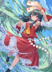  ankle_socks arm_up armpits ascot between_fingers black_footwear black_hair blue_background blue_sky bobby_socks bow cloud commentary_request day detached_sleeves dutch_angle female gohei hair_tubes hairbow hakurei_reimu highres holding isemori loafers long_hair looking_at_viewer ofuda red_bow red_eyes red_skirt red_vest shide shoes sidelocks skirt skirt_set sky socks solo sweat touhou vest water wet white_socks wide_sleeves yellow_ascot 