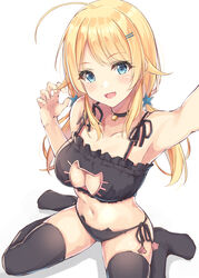  ahoge alternate_costume armpits bare_shoulders bell black_choker black_panties black_thighhighs blonde_hair blush breasts cat_cutout cat_ear_panties cat_lingerie choker cleavage cleavage_cutout clothing_cutout collarbone commentary_request female hachimiya_meguru hair_ornament hatsu_(first_snow) idolmaster idolmaster_shiny_colors large_breasts long_hair looking_at_viewer low_twintails meme_attire navel no_shoes open_mouth panties reaching reaching_towards_viewer side-tie_panties sitting smile solo star_(symbol) star_hair_ornament stomach thighhighs twintails underwear 