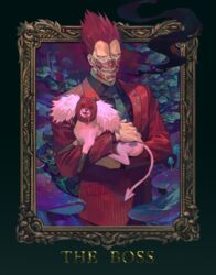  1boy animal dorohedoro en_(dorohedoro) formal holding holding_animal kikurage_(dorohedoro) long_sleeves looking_at_viewer male_focus mask mushroom necktie red_hair red_suit smoke spiked_hair standing suit zoo_(oukakumaku) 