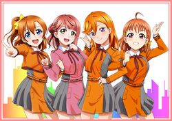  4girls :d adapted_uniform ahoge blue_eyes chinese_commentary color_connection commentary cowboy_shot dress framed_image green_eyes gx9900wing hair_bun hair_color_connection hair_ribbon in-franchise_crossover index_finger_raised kosaka_honoka locked_arms looking_at_viewer love_live! love_live!_nijigasaki_high_school_idol_club love_live!_school_idol_project love_live!_sunshine!! love_live!_superstar!! lycoris_recoil lycoris_uniform mixed-language_commentary multiple_girls neck_ribbon orange_hair pink_eyes pleated_dress purple_eyes rainbow_gradient red_ribbon ribbon shibuya_kanon side_ponytail skirt skyline smile swept_bangs takami_chika trait_connection two-tone_dress uehara_ayumu v 