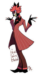  1boy alastor_(hazbin_hotel) black_bow black_bowtie black_hands bow bowtie cel_shading colored_extremities copyright_name demon demon_boy fingernails formal grin half-closed_eyes hazbin_hotel ichi_ka looking_to_the_side male_focus pinstripe_pattern pinstripe_suit red_suit sharp_fingernails sharp_teeth signature smile solo striped suit teeth yellow_teeth 