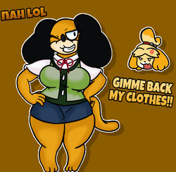  absurd_res angry animal_crossing anthro anthrofied big_breasts black_ears breasts brown_background canid canine canis clothed clothing cross-popping_vein crossover dialogue domestic_dog duck_hunt duck_hunt_dog duo english_text female fur grin hands_on_hips hi_res huntress_(lewdewott) isabelle_(animal_crossing) lewdewott looking_at_viewer mammal nintendo one_eye_closed orange_body orange_fur rule_63 shadow shih_tzu simple_background smile text thick_thighs toy_dog wide_hips wink 