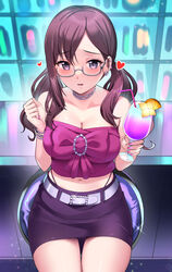  absurdres arms_up belt blush bracelet breasts brown_hair choker cleavage cocktail_glass collarbone commentary cowboy_shot crop_top cup drink drinking_glass drinking_straw earrings female food fruit glasses heart highres idolmaster idolmaster_cinderella_girls jewelry large_breasts looking_at_viewer low_twintails midriff miniskirt nail_polish navel on_stool orange_(fruit) orange_slice parted_lips pink_nails purple_eyes rumo shirt sitting skirt solo strapless strapless_shirt twintails yagami_makino 