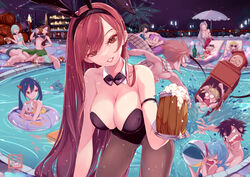  0_0 5boys 6+girls @_@ alcohol animal_ears arm_strap arm_tattoo artist_logo ball bar_(place) bar_stool bare_shoulders barrel beach_chair beach_umbrella beachball beer beer_mug bikini black_bow black_bowtie black_hair black_hairband black_leotard blonde_hair blue_hair bottle bow bowtie breasts brown_eyes brown_pantyhose cana_alberona charle_(fairy_tail) clock clock_tower cup detached_collar ear_piercing elfman_strauss erza_scarlet everyone fairy_tail fake_animal_ears feline foam gajeel_redfox gray_fullbuster hairband happy_(fairy_tail) highres holding holding_cup incoming_drink innertube juvia_lockser large_breasts leaning_forward leotard levy_mcgarden lisanna_strauss long_hair looking_at_viewer lucy_heartfilia makarov_dreyar mavis_vermilion mirajane_strauss mug multiple_boys multiple_girls natsu_dragneel nekomimipunks night night_sky old old_man open_mouth outdoors pantyhose parted_lips piercing pink_hair playboy_bunny pool rabbit_ears red_hair scarf sitting sitting_on_person sky splashing stool sunglasses swim_ring swimsuit tattoo teeth tower trapped umbrella very_long_hair water wendy_marvell wine_bottle wooden_cup 