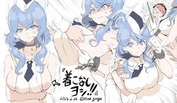  1boy ako_(blue_archive) anger_vein arm_under_breasts arrow_(symbol) blue_archive blue_eyes blue_hair breasts cuffs dated doodle_sensei_(blue_archive) dress female grabbing highres holding large_breasts looking_at_viewer medium_hair mine_(wizard) necktie official_alternate_costume sensei_(blue_archive) shackles shirt short_necktie sideboob sideless_dress sideless_outfit simple_background sleeveless sleeveless_dress translation_request twitter_username utnapishtim_operator_uniform_(blue_archive) white_background white_dress white_headwear white_shirt 