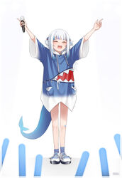  =_= absurdres blue_legwear closed_eyes collarbone cowboy_shot crowd female gawr_gura hair_ornament hairpin happy highres hololive hololive_english hood hoodie microphone music nail_polish outstretched_arms shark_girl shark_hair_ornament sharp_teeth shoes singing smile socks spread_arms teeth tfqr virtual_youtuber white_hair 