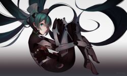  commentary_request cyborg eyelashes female floating_hair from_side full_body gradient_background green_eyes green_hair harukagi hatsune_miku headgear hugging_own_legs long_hair looking_at_viewer partial_commentary profile science_fiction solo twintails very_long_hair vocaloid 