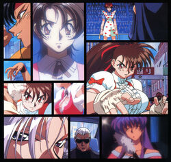  1990s_(style) 1boy 6+girls black_hair blue_eyes brown_eyes brown_hair clenched_hand closed_eyes collage dark-skinned_female dark_skin earrings fingerless_gloves gloves hair_ribbon high_ponytail highres jewelry kubota_jun long_hair looking_at_viewer multiple_girls non-web_source official_art parted_lips purple_hair red_eyes retro_artstyle ribbon scan short_sleeves smile takeuchi_yuka torn_clothes variable_geo yajima_satomi yuuki_ayako 