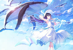  arm_up armpits bare_shoulders black_hair blue_sky blue_whale breasts cloud commentary_request constellation constellation_print day dress female floating_hair flying_whale green_eyes hair_ornament hand_on_headwear hand_up hat humpback_whale leo_(constellation) libra_(constellation) long_hair looking_away original outdoors parted_lips rednian sky sleeveless sleeveless_dress small_breasts solo star_(symbol) star_hair_ornament summer sundress very_long_hair virgo_(constellation) whale white_dress white_hat 