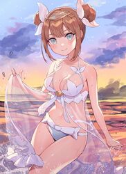  absurdres bare_arms bare_shoulders bikini blue_bikini blush breasts brown_hair cleavage closed_mouth collarbone commentary_request double_bun eyebrows_hidden_by_hair female glint grey_eyes hair_bun hair_ribbon headpiece highres horizon lilith_(world_flipper) looking_at_viewer medium_breasts ocean outdoors ribbon see-through shibainu sidelocks smile solo sunset swimsuit water white_bikini white_ribbon world_flipper 