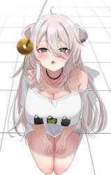  :o @_@ ahoge animal_ears bare_shoulders black_choker blush breasts choker cleavage coin coin_on_string collarbone commentary_request ear_piercing female full_body grey_eyes grey_hair hair_between_eyes hands_on_own_thighs highres holed_coin hololive jewelry large_breasts lion_ears lion_girl long_hair necklace nerorigogo oerba_yun_fang off_shoulder open_mouth pendulum piercing seiza shirt shishiro_botan shishiro_botan_(casual) sidelocks sitting solo t-shirt tile_floor tiles virtual_youtuber white_shirt 