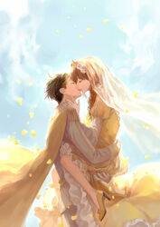  1boy bridal_veil brown_hair cape carrying closed_eyes commentary_request couple crown dress epaulettes female flower gloves hair_flower hair_ornament high_heels highres jyushimatsu&#039;s_girlfriend kaiko_suzume kissing long_hair matsuno_jyushimatsu osomatsu-san osomatsu_(series) petals straight veil white_gloves yellow_cape yellow_dress yellow_footwear yellow_theme 