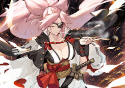  baiken big_hair breasts cleavage female guilty_gear guilty_gear_xrd highres japanese_clothes kimono kureta_(nikogori) large_breasts long_hair obi one-eyed open_clothes open_kimono pink_eyes pink_hair ponytail samurai sash scar scar_across_eye scar_on_face solo tattoo weapon 