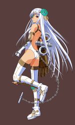  ano_hito ass backless_leotard brown_background brown_eyes chains commentary_request elbow_gloves eyepatch female flat_ass full_body gauntlets gloves leotard long_hair original single_gauntlet solo thighhighs very_long_hair white_gloves white_hair white_leotard winding_key 