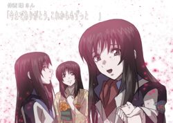  3girls black_hair commentary_request floral_print floro_(fafner) grey_eyes hand_on_own_chest highres holding_hands jacket japanese_clothes kimono long_hair long_sleeves looking_at_viewer minashiro_orihime minashiro_tsubaki mother_and_daughter multiple_girls nakanishi_tamaki obi open_mouth outstretched_hand sash sidelocks smile soukyuu_no_fafner translated uc_(8rk3) uniform white_background wide_sleeves yukata 