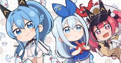  3girls aegis_(nikke) anchor_(nikke) anchor_print animal bikini bikini_under_clothes black_gloves blue_bikini blue_eyes blue_hair blue_sailor_collar blue_skirt blush braid breasts chibi closed_mouth commentary epaulettes glass_bottle gloves goddess_of_victory:_nikke grey_hair hair_intakes hair_ornament hairclip hat helm_(aqua_marine)_(nikke) helm_(nikke) high_ponytail highres holding holding_animal jacket long_hair long_sleeves looking_at_viewer mast_(nikke) morgan_(nikke) multicolored_hair multiple_girls oerba_yun_fang official_alternate_costume open_mouth parted_lips peaked_cap pink_hair purple_eyes sailor_collar see-through shirt skin_fang skirt skull_hair_ornament smile starfish streaked_hair swimsuit thighhighs thighs totatokeke twintails very_long_hair wet wet_clothes wet_shirt white_gloves white_jacket white_thighhighs 