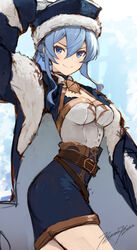  arm_up blue_coat blue_eyes blue_hair blue_hat blue_shirt blue_skirt bodice breasts closed_mouth coat cowboy_shot dated female fur-trimmed_coat fur_trim gloves granblue_fantasy hair_between_eyes hand_on_headwear hat highres long_hair looking_at_viewer miniskirt pencil_skirt punished_pigeon shirt signature skirt small_breasts smile solo therese_(granblue_fantasy) v-shaped_eyebrows white_gloves 