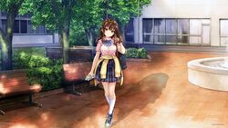  brown_hair hair_ribbon original photoshop pisuke school_uniform summer tree yellow_eyes 