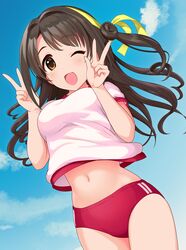  blue_sky brown_eyes brown_hair buruma cloud day double_v female gym_shirt gym_uniform highres idolmaster idolmaster_cinderella_girls long_hair midriff natsuya_(natuya777) navel one_eye_closed open_mouth outdoors red_buruma shimamura_uzuki shirt short_sleeves sky smile solo v white_shirt 