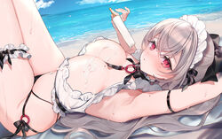  beach bikini breasts cleavage dripping female food garter_straps grey_hair highres large_breasts looking_at_viewer lying maid maid_bikini maid_headdress melting navel on_back original outdoors ponytail popsicle red_eyes solo swimsuit thick_thighs thigh_strap thighs unconventional_maid wet yukimiya_yuge 