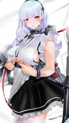  apron azitama_atsushi_(attyuu) azur_lane bare_shoulders black_hairband blush breasts clothing_cutout dido_(azur_lane) female frills grey_hair hairband highres large_breasts long_hair looking_at_viewer machinery maid photoshop_(medium) sleeveless solo thighhighs underboob underboob_cutout waist_apron white_apron white_thighhighs 