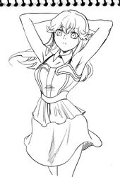  aina_ardebit alternate_hairstyle armpits arms_up bae_(baebae) dress female graphite_(medium) greyscale highres monochrome promare skirt sleeveless solo traditional_media 