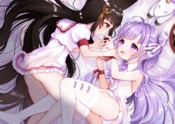  2girls :d ahoge animal_ears ass azur_lane bad_id bad_pixiv_id bare_shoulders bed_sheet black_hair blush bow brown_eyes chocolate collared_dress dress feeding food frilled_dress frills hair_bun hair_ornament holding holding_food long_hair lying maeha md5_mismatch multiple_girls nagato_(azur_lane) on_side open_mouth panties profile puffy_short_sleeves puffy_sleeves purple_bow purple_eyes purple_hair resolution_mismatch sailor_collar sailor_dress short_sleeves single_hair_bun single_side_bun sleeveless sleeveless_dress smile source_larger striped_clothes striped_panties stuffed_animal stuffed_toy stuffed_unicorn thighhighs underwear unicorn_(azur_lane) very_long_hair white_dress white_sailor_collar white_thighhighs yuri 