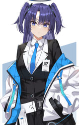  asymmetrical_bangs belt belt_pouch black_skirt black_suit blue_archive blue_jacket blue_necktie breasts closed_mouth collared_shirt female formal gaitoou hair_between_eyes hair_ornament halo hands_in_pockets highres id_card jacket layered_clothes long_hair looking_at_viewer medium_breasts multicolored_clothes multicolored_jacket necktie off_shoulder pouch purple_eyes purple_hair shirt simple_background skirt solo suit two_side_up upper_body white_belt white_jacket white_shirt yuuka_(blue_archive) 