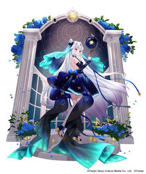  backless_dress backless_outfit bare_legs bare_shoulders blue_dress blue_eyes breasts column dress female flower from_behind full_body hair_between_eyes hair_rings heterochromia high_heels highres long_hair looking_at_viewer looking_back matveiffe_(revived_witch) medium_breasts official_art pillar pointy_ears purple_eyes revived_witch rosuuri see-through showgirl_skirt silver_hair sleeveless veil very_long_hair 