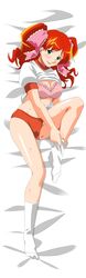  adjusting_clothes adjusting_legwear asahina_yurina blush bra buruma clothes_lift dakimakura_(medium) female full_body green_eyes gym_shirt gym_uniform hair_ribbon highres long_hair looking_at_viewer non-web_source open_mouth photoshop_(medium) pink_bra red_buruma red_hair ribbon shirt shirt_lift solo super_real_mahjong sweat tanaka_ryou twintails underwear white_legwear 