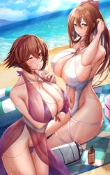  2girls adjusting_hair arm_under_breasts beach beach_towel bikini blush bow breasts brown_hair cleavage clothing_cutout collarbone commission criss-cross_halter crossover day girls&#039;_frontline green_eyes hairbow halterneck heart_lock_(kantai_collection) highres huge_breasts innertube jewelry kantai_collection korean_commentary long_hair looking_at_viewer multiple_girls mutsu_(kancolle) navel navel_cutout necklace ocean one-piece_swimsuit one_eye_closed outdoors ponytail purple_bikini ring second-party_source short_hair sitting skeb_commission springfield_(girls&#039;_frontline) swim_ring swimsuit tiri_man towel wedding_ring white_one-piece_swimsuit 