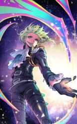  1boy ascot bae_(baebae) black_gloves black_jacket blue_fire cowboy_shot earrings fire gloves green_fire green_hair half_gloves highres jacket jewelry leather leather_pants lio_fotia male_focus outstretched_hand pants pink_fire promare purple_eyes purple_fire pyrokinesis solo standing 