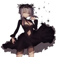  am_isuel black_dress blue_eyes clothing_cutout dress female laurel_crown long_sleeves navel navel_cutout rance_(series) rance_quest rance_quest_magnum short_hair short_hair_with_long_locks sidelocks sideways_glance simple_background smile solo sparkle white_background white_hair yononaka 