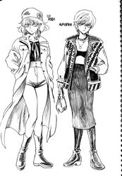  2boys androgynous ankle_boots bae_(baebae) bag boots choker crossover flower graphite_(medium) greyscale hat hat_flower highres holding holding_bag hunter_x_hunter jacket jewelry knee_boots kurapika lio_fotia long_coat long_skirt male_focus monochrome multiple_boys necklace otoko_no_ko promare short_hair_with_long_locks short_shorts shorts skirt traditional_media 